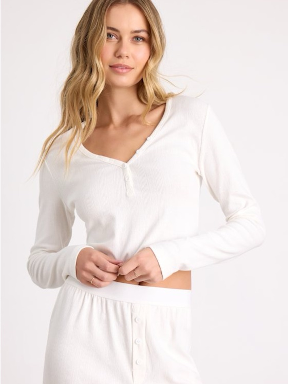 Lulus Missy Ivory Ribbed Knit Two-Piece Pajama Set NWT White Henley